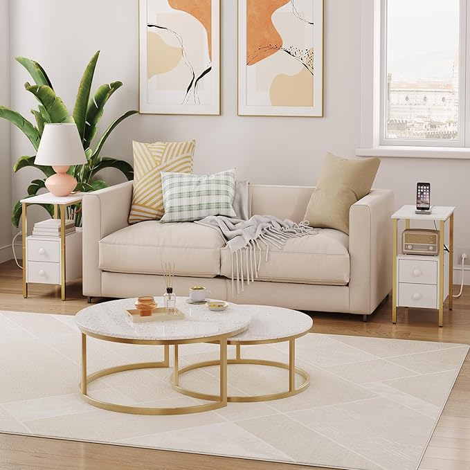 HOOBRO End Table with Charging Station, Narrow Side Table with 2 Drawer & USB Port & Power Outlets, Nightstand for Small Spaces, Stable and Sturdy, for Living Room, Bedroom, Gold and White DW541BZ01