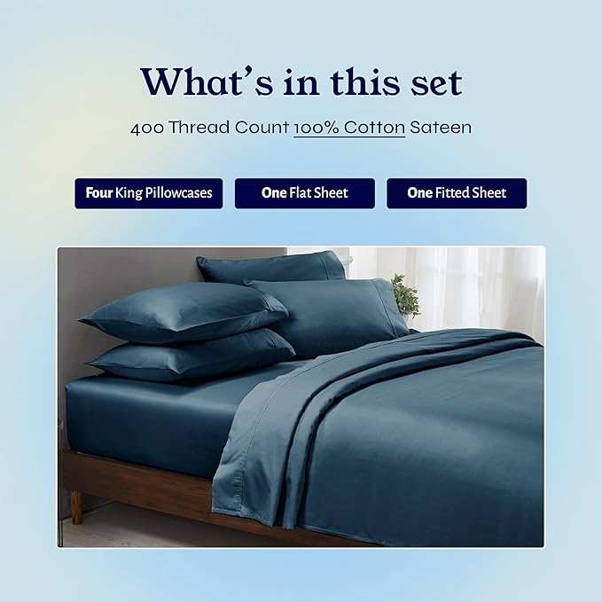 California Design Den 6-Pc King Size Sheet Set with 4 Pillowcases - Soft 400 Thread Count 100% Cotton Sheets, Cooling Sateen Weave, Luxury Deep Pocket Bedsheets Set - Peacock Blue