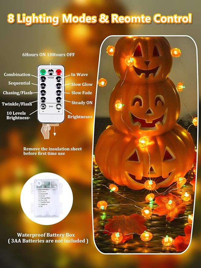 Fall Decorations 3D Pumpkin Fairy Lights Battery Operated with Remote, 10FT 30 LED Waterproof String Lights Outdoor Indoor with 8 Modes & Timer for Garland Harvest Party Thanksgiving Halloween Decor