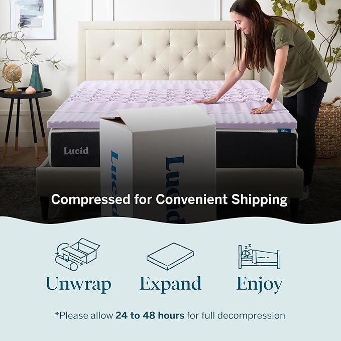 LUCID Lavender Infused 2 Inch Memory Foam Mattress Topper with 5 Zones – Full Size – Plush Feel – CertiPUR Certified – Dorm Room Essentials