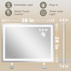 38"x28" Inch Large Lighted Vanity Mirror, 3-Color Lighting & Dimmable Modes, LED Makeup Mirror for Bathroom/Dressing Room (Wall/Tabletop Mount, White)