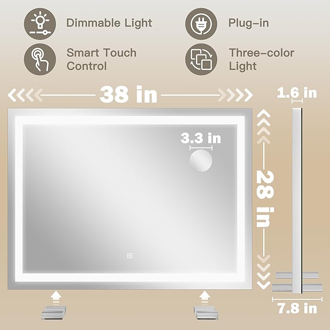 38"x28" Inch Large Lighted Vanity Mirror, 3-Color Lighting & Dimmable Modes, LED Makeup Mirror for Bathroom/Dressing Room (Wall/Tabletop Mount, White)