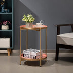 HollyHOME 2-Tier Round Gold Side Table, Outdoor Small Folding Accent Stand with Removable Tray, Anti-Rust Metal Asional Table for Balcony Patio Living Room, Nightstand for Bedroom(Gold&Pink)