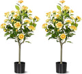 Artificial Camellia Tree 2 Pack, Artificial Plants Outdoor Faux Floral Plant in Cement Pot Fake Silk Camellia Tree Plants for Home House Living Room Office Decor