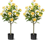 Artificial Camellia Tree 2 Pack, Artificial Plants Outdoor Faux Floral Plant in Cement Pot Fake Silk Camellia Tree Plants for Home House Living Room Office Decor