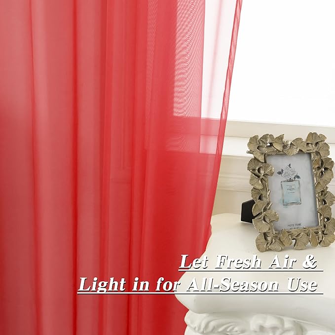 HUTO Christmas Red Sheer Curtains Window Drapes 2 Panels Rod Pocket Voile Sheer Panels Curtains 63 inches Long for Bedroom Living Room Nursery Study Room
