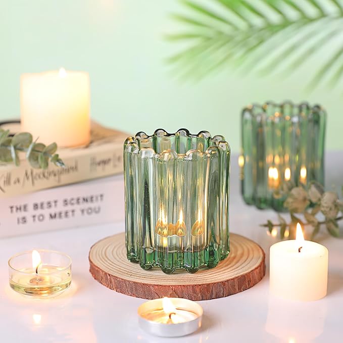 6 PCS Votive Candle Holder, Green Glass Candle Holders, Tealight Candle Holder for Wedding Centerpieces Dinner Party Table Decor
