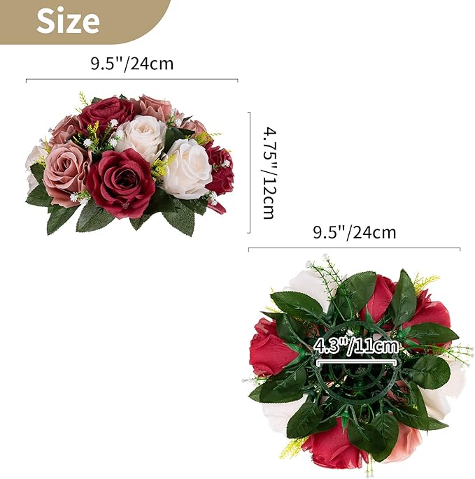 NUPTIO Artificial Flower Centrepieces for Tables - 2 Pcs Burgundy & Dusty Rose & Creamy White Fake Flowers Roses Balls 9.5in Diameter - Silk Faux Rose Arrangement for Wedding Party Table Decor