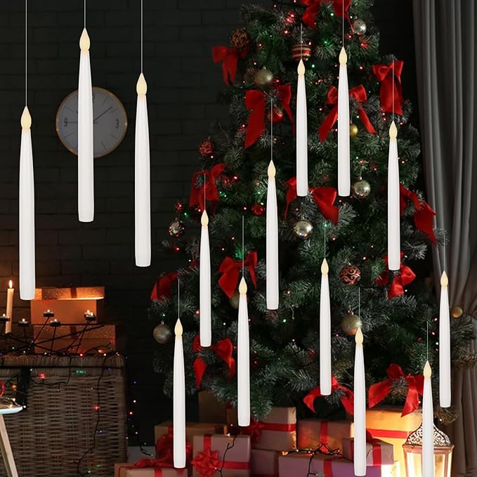 GenSwin 10.8" Floating Candles with Magic Wand Remote Timer, Flameless Taper Candles Flickering Battery Operated, LED Electric Hanging Window Candle Christmas Halloween Decorations(12 Pack, White)