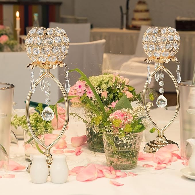 6 Pcs Gold Elegant Metal Crystal Tea Light Candle Holders with Crystal Pendants, Hollow Design - Wedding Table Centerpieces for Anniversary Birthday Party, Home Decor