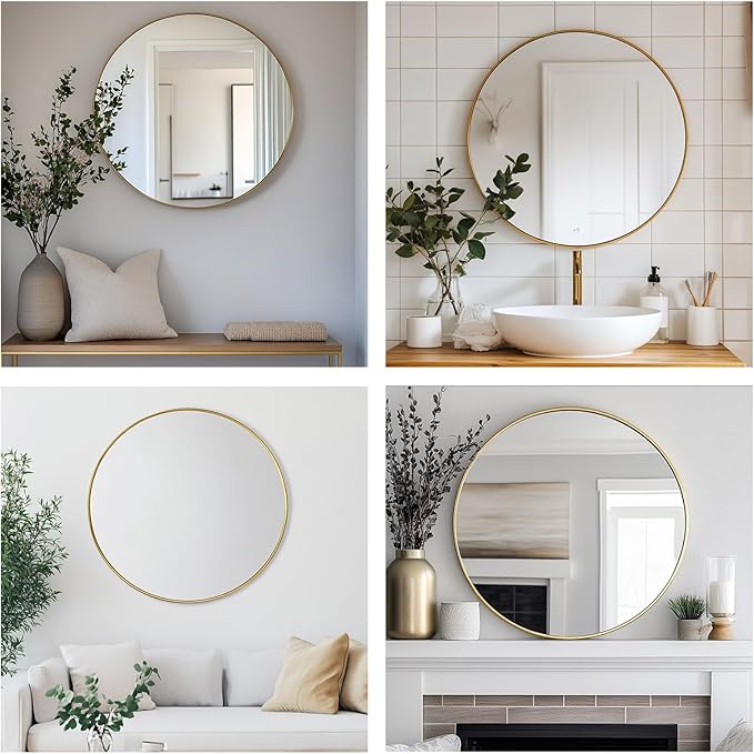 Gold Round Mirror, Gold Round Mirror 24 inch, Circle Wall Mirrors Metal Frame, Golden Circular Mirrors for Wall, Living Room, Bathroom, Entryway, Vanity, Hallway.
