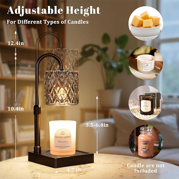 Hong-in Dark Grey Candle Warmer Lamp with Timer -Dimmable Adjustable Height Wax Melt Warmer for Jar Candles,Vintage Home Decor with Elegant Clear Glass,Birthday Gifts for Women, Mom, Friend, Sister