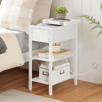 HOOBRO End Table with Charging Station, Narrow Side Table, Flip Top Nightstand with USB Ports and Outlets, Bedside Tables with Shelf for Small Spaces, Living Room, White WT341BZ01