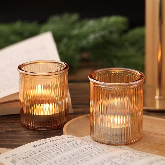 8pcs Ribbed Gold Votive Candle Holders, Tea Light Candle Holder Glass for Wedding Table Decor, Gold Candle Holders for Table Centerpiece, Brithday and Holiday Decorations