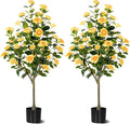Artificial Camellia Tree 2 Pack, Artificial Plants Outdoor Faux Floral Plant in Cement Pot Fake Silk Camellia Tree Plants for Home House Living Room Office Decor
