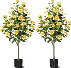 Artificial Camellia Tree 2 Pack, Artificial Plants Outdoor Faux Floral Plant in Cement Pot Fake Silk Camellia Tree Plants for Home House Living Room Office Decor