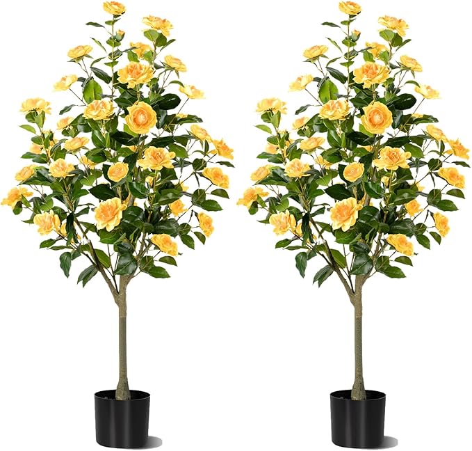 Artificial Camellia Tree 2 Pack, Artificial Plants Outdoor Faux Floral Plant in Cement Pot Fake Silk Camellia Tree Plants for Home House Living Room Office Decor