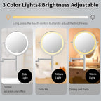 8" Wall Mounted Makeup Mirror with Handle, 3 Color Lights Dimmable and 1X/10X Magnification, Rechargeable Bathroom Wall Mount Magnifying Mirror with Extension Arm Height Adjustable Chrome