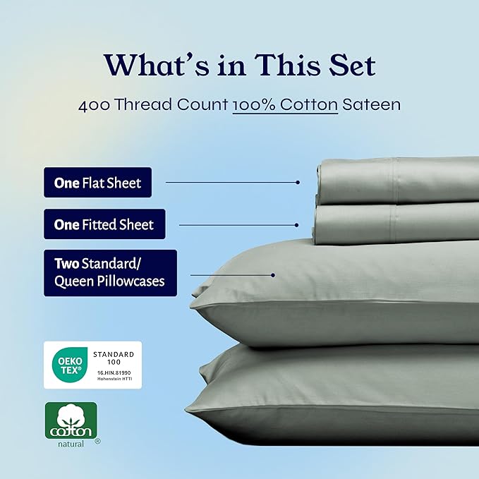 California Design Den Queen Sheet Set - Soft 400 Thread Count Sateen, Natural 100% Cotton Sheets, Deep Pockets with All Around Elastic for a Snug Fit, Cool & Durable Bedding Set - Sage Green