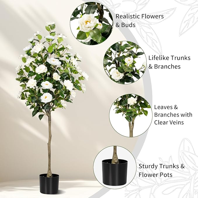 Artificial Camellia Tree 2 Pack, Artificial Plants Outdoor Faux Floral Plant in Cement Pot Fake Silk Camellia Tree Plants for Home House Living Room Office Decor