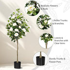 Artificial Camellia Tree 2 Pack, Artificial Plants Outdoor Faux Floral Plant in Cement Pot Fake Silk Camellia Tree Plants for Home House Living Room Office Decor