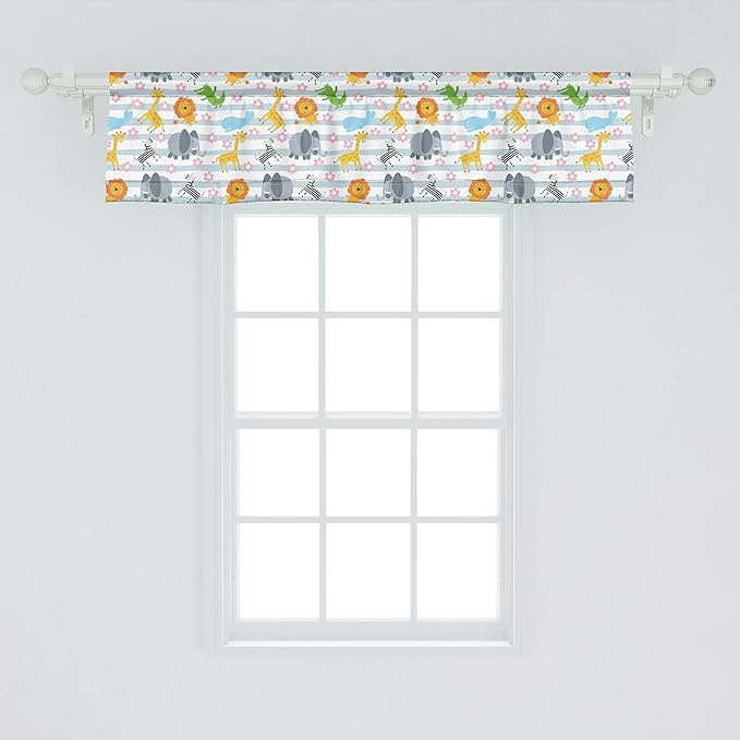 Ambesonne Savannah Window Valance, Friendly Zoo Animals with Happy Faces Cartoon Characters on Stripes Print, Curtain Valance for Kitchen Bedroom Decor with Rod Pocket, 42" x 12", Pale Azure Blue