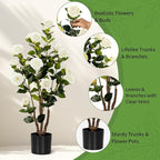 Artificial Camellia Tree 2 Pack, Artificial Plants Outdoor Faux Floral Plant in Cement Pot Fake White Silk Camellia Tree Plants for Home House Living Room Office Decor (White)