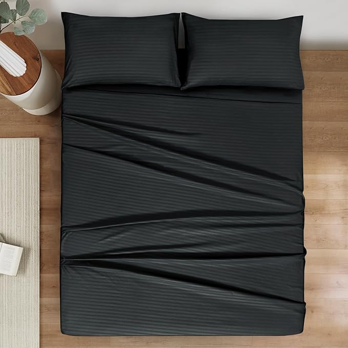 Mejoroom Striped King Size Sheet Set – Hotel Luxury Bed Sheets - Deep Pocket Up to 16 inch, Breathable, Wrinkle, Fade and Stain Resistant – 4 Piece(02-Black)