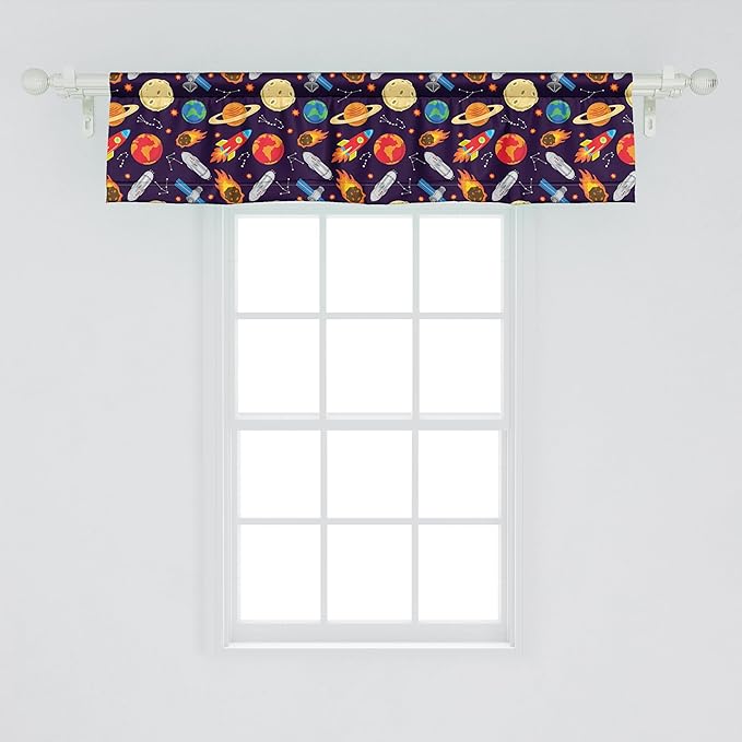 Ambesonne Space Window Valance, Universe Themed Illustration with Earth Moon Constellations Saturn Rockets Stars, Curtain Valance for Kitchen Bedroom Decor with Rod Pocket, 54" X 12", Dark Night Blue