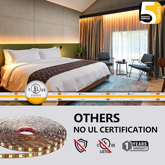 EMITEVER COB LED Strip Lights Warm White, 24V 2700K Tape Light Premium High Density, 300+Lumens/ft, 2400LEDs/Spool, Ra 90+, 16.4ft, 3W/ft, UL Listed 5 Year Warranty (Power Supply Sold Separately)