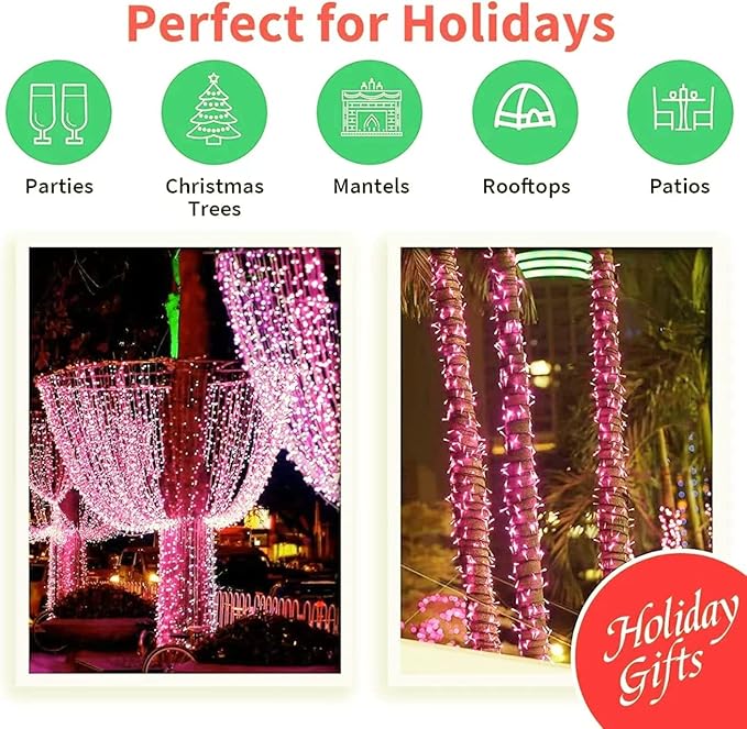 LAMPHOME Super-Bright Extendable Pink Christmas Lights Decoration 150Lights 31.9ft UL Certified Mini Bulb String Lights Set for Outdoor Christmas Tree Garden Holiday Party Patio Wedding Garland Decor