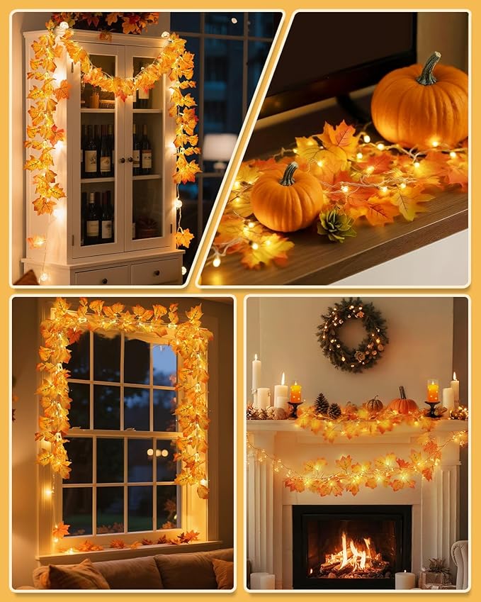 2Pack [8 Lighting Modes & Timer] Fall Decor Maple Leaf Garland with Lights 80LED Battery Operated Waterproof, Fall Decorations for Home Outdoor Indoor Thanksgiving Decor Halloween Friendsgiving Autumn