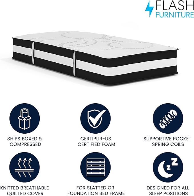 Flash Furniture Capri Comfortable Sleep 12" Hybrid Pocket Spring and Foam Mattress in a Box, Foam Pocket Spring Hybrid Mattress for Pressure Relief, Twin