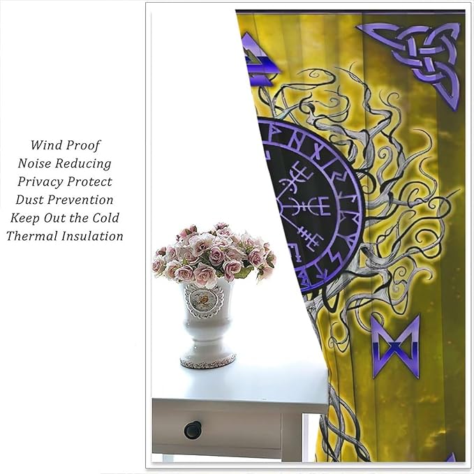 Viking Blackout Curtains Scandinavian Pirate Totem Mythology Golden Tree of Life Printed Curtain Bedroom and Living Room Decoration Blackout Curtains W84 * L84 Inch