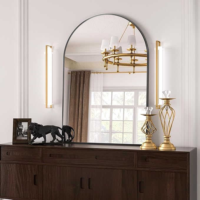 Antok Bathroom Mirror,36"x24" Wall Mirror, Decorative Mirrors Vanity Mirror Aluminum Alloy Frame Contemporary Hanging Mirror for Living Room Bathroom Entryway,Black,Arched