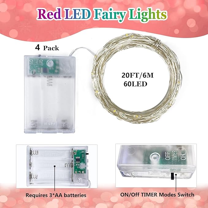4 Pack Red and Green Christmas String Lights, Each 20FT 60 LED Fairy Lights Battery Operated with Timer, Waterproof Twinkle Lights for Outdoor and Indoor Bedroom Home Yard Patio Christmas Decorations