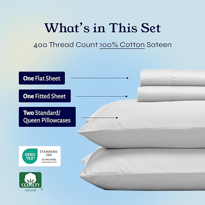 California Design Den Natural 100% Cotton Bed Sheets Queen Size Set - 400 Thread Count Sateen, Deep Pocket Queen Sheets Set with All Around Elastic, Soft, Cool and Durable Bedding - Silver