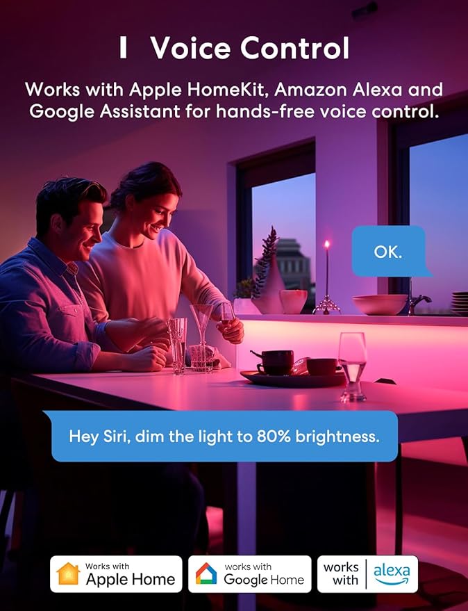 meross Smart LED Strip Lights, 32.8ft WiFi RGB Strip, Works with Apple HomeKit, Siri, Alexa&Google and SmartThings, App Control, Color Changing Lights Strip for Room, Party, Festivals, UL Listed