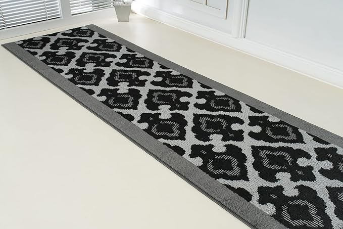 Custom Length Cut to Size Fleur de Lis Inspired Carpet Runner Rug for Hallways, Non Slip Rubber Backed, 31 inch Wide X Customized Length, Royal Grey, 31 inch X 11 feet