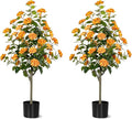 Artificial Camellia Tree 2 Pack, Artificial Plants Outdoor Faux Floral Plant in Cement Pot Fake Silk Camellia Tree Plants for Home House Living Room Office Decor