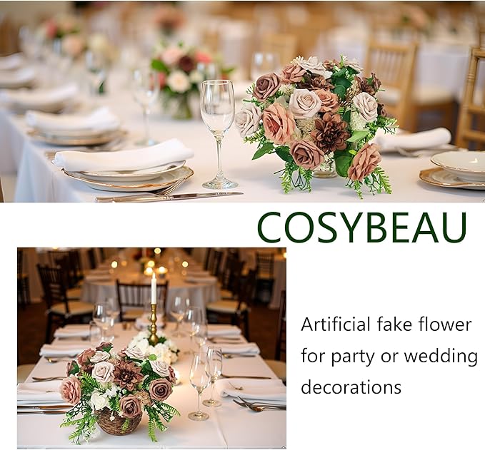 Artificial Fake Flowers 20pcs Roses, Mixed Coffee Brown Faux Flower for DIY Wedding Bouquet Bridal Shower Centerpieces Floral Arrangements Party Table Home Decorations