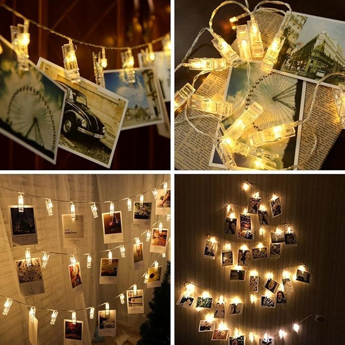 Decute 50LED Photo Clips String Lights Holder Timer Function 8 Modes Dimmable with Remote, 17FT Fairy Starry Lights for Christmas Card Bedroom Wedding Party Hanging Photos Pictures Memos, Warm White