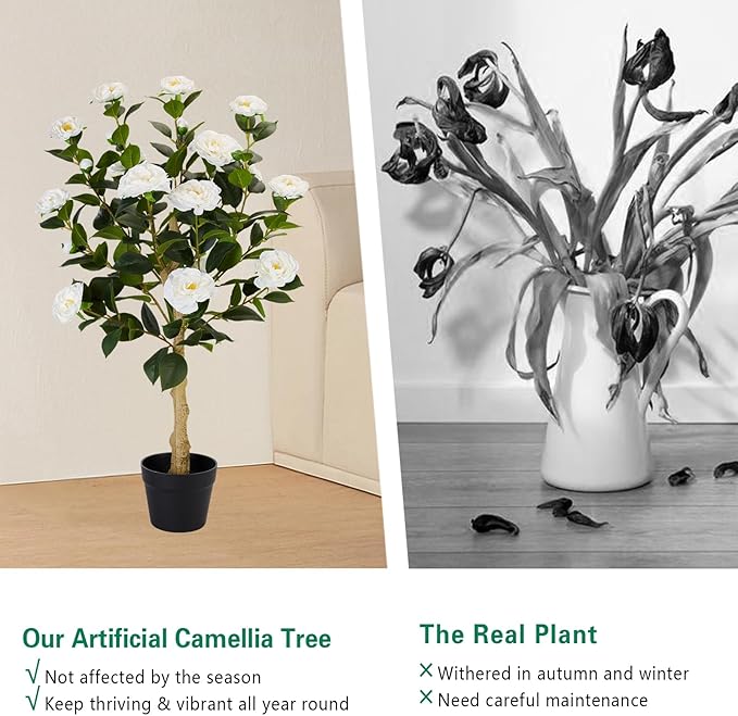 3FT Artificial Camellia Tree, 2 Pack Fake Camellia Tree Artificial Tree, Faux Floral Plants in Cement Pot, Greenery Potted Plant for Indoor Outdoor Home Office Porch Decor (White)