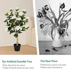 3FT Artificial Camellia Tree, 2 Pack Fake Camellia Tree Artificial Tree, Faux Floral Plants in Cement Pot, Greenery Potted Plant for Indoor Outdoor Home Office Porch Decor (White)