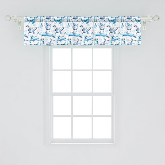 Ambesonne Sea Animals Window Valance Pack of 2, Sketch of Bottlenose Dolphins Playing Laughing in The Ocean Sea Life Print, Rod Pocket Curtain Valances for Kitchen Bedroom, 42" X 12", Turquoise White