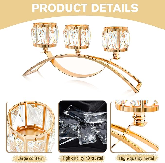 3 Arms Crystal Candle Holders, Arch Candlestick Table Candelabras Centerpieces for Wedding, Dinning Room, Cabinet Ornaments, Home Decoration， Gift (3-arm Arched, Gold)