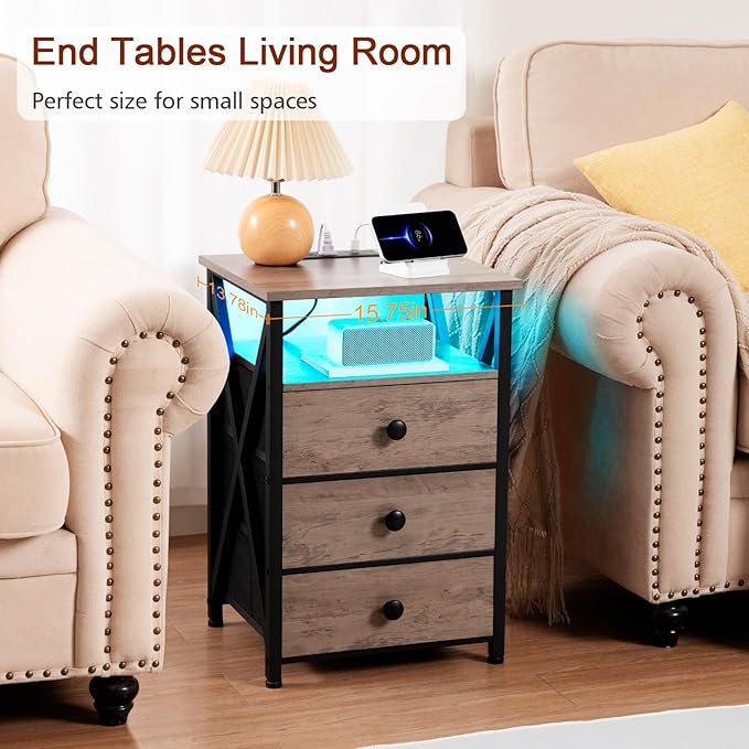 AMHANCIBLE LED Night Stand, Nightstand with Charging Station, Smart End Side Table with USB Port & Power Outlet, Bedside Table with 3 Fabric Drawers for Bedroom, Living Room, Greige HET053LGY1