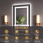 LED Bathroom Mirror,20"x28" Led Mirror with Black Frame, Front Light and Backlit, Stepless Dimmable, Anti-Fog, Shatter-Proof, Memory, 3 Colors, Double LED Vanity Mirror