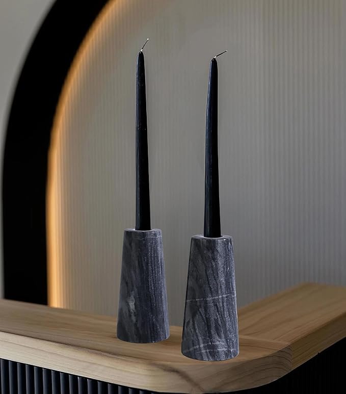 HofferRuffer Marble Candlestick Holders，Set of 2 Natural Stone Candle Holder Decorative Candle Stands for Wedding, Dinning, Party, Table Centerpieces, Fit 3/4'' Thick Taper Candles (Grey Black)