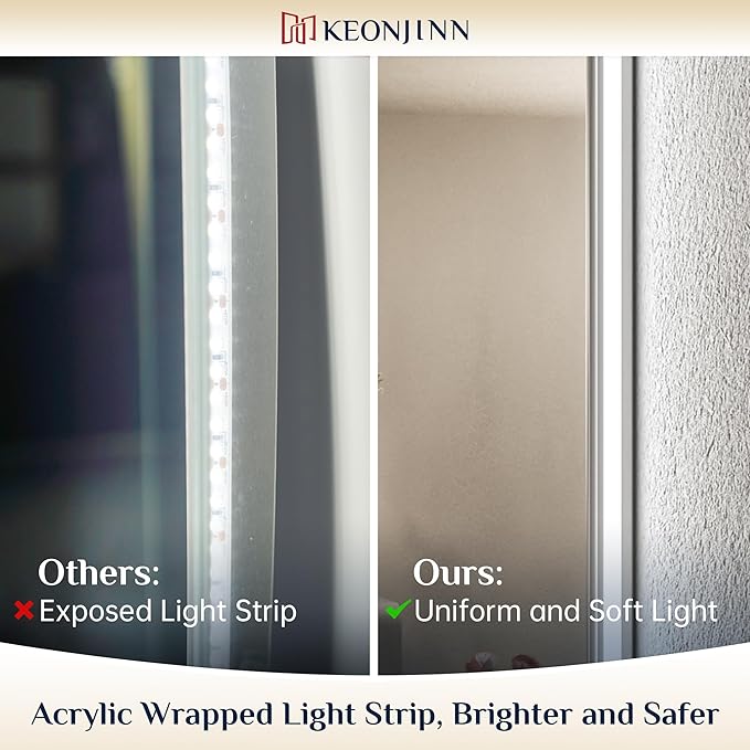 Keonjinn 42 x 36 Inch Backlit Bathroom Mirror, Anti-Fog LED Mirror with Lights, CRI90+ HD Tempered Glass, Stepless Dimmable, High Lumen, UL Listed LED Driver, Waterproof, Horizontal/Vertical